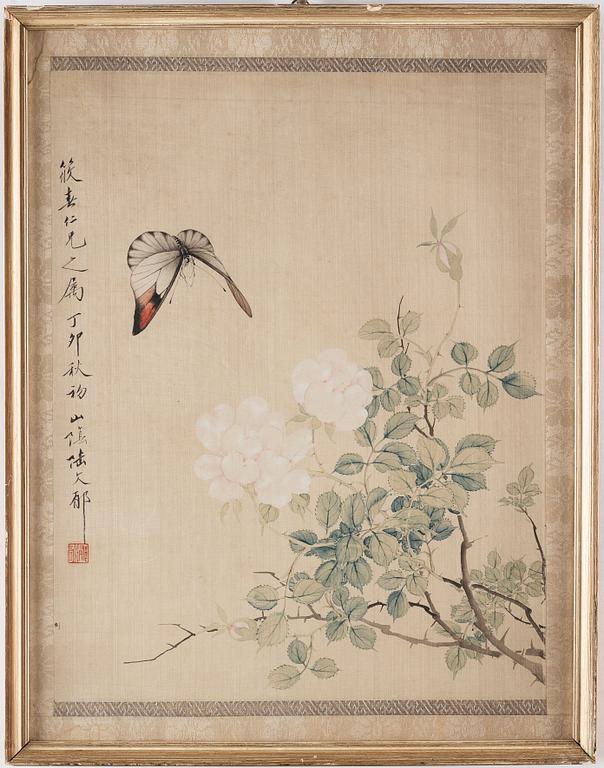 Two paintings, ink and color on silk. Lu Wenyu (1887-1974)., signed and one dated.