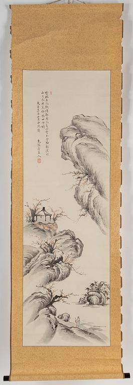 Three Japanese hanging scrolls, ink and colour on paper, signed incl. 充满唐 and dated 1920.