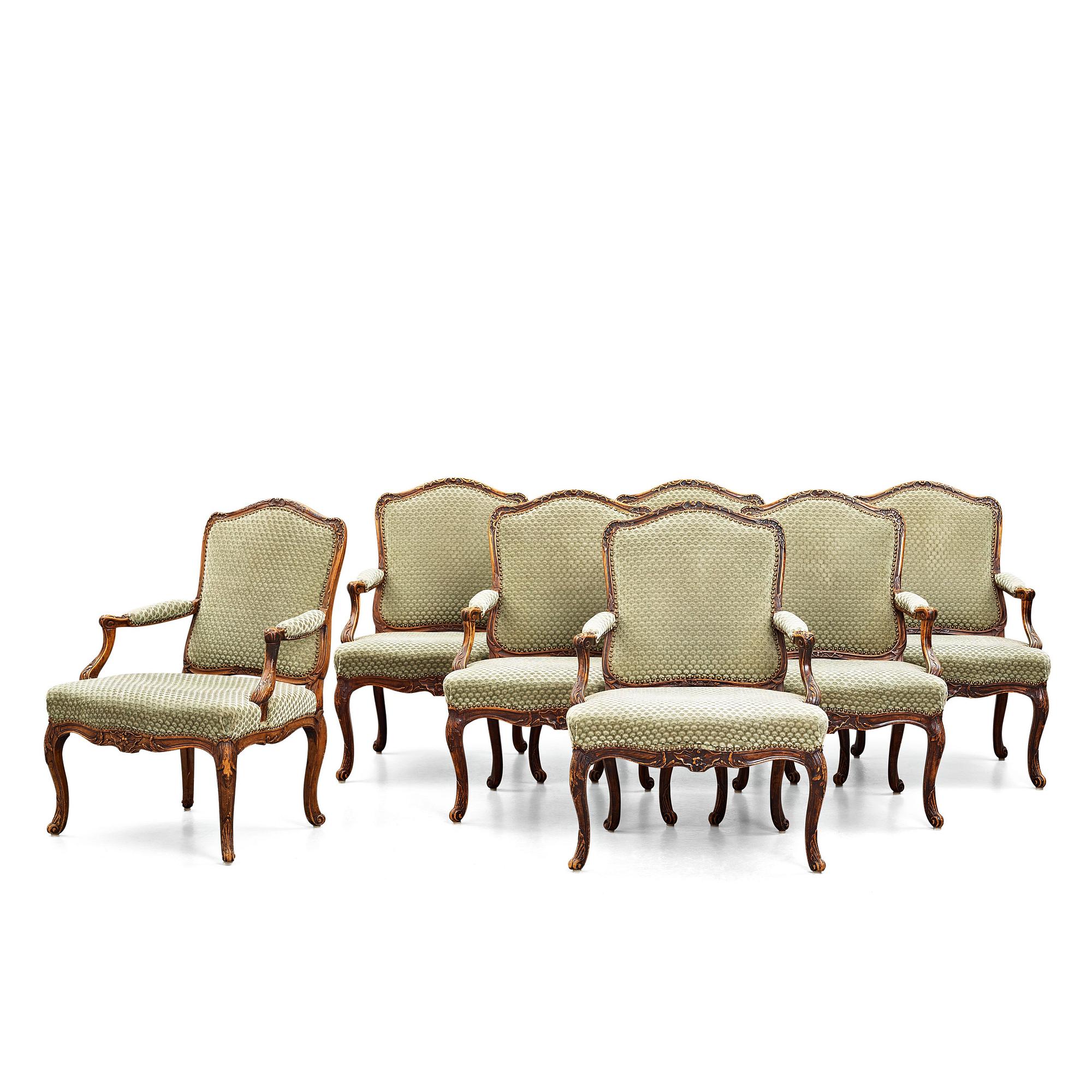 Seven French armchairs (two 18th century and five late 19th century).