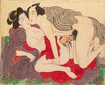 MAKIMONO/RULLMÅLNING, shunga, tusch och färg på siden. Meiji (1868-1912).