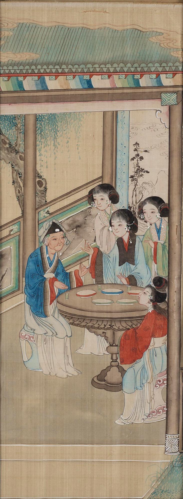 A group of seven Chinese paintings on silk by anonymous artist, Qing dynasty, 19th century.