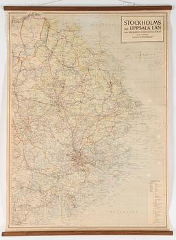 KARTA, Generalstabens litografiska Anstalt. "Stockholms och Uppsala län", 1947.