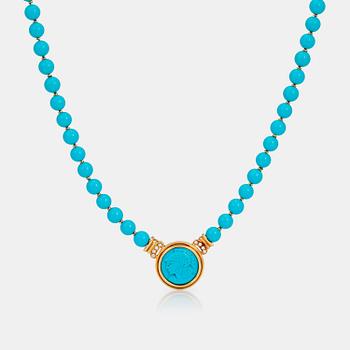 1071. A carved turquoise, brilliant-cut diamond and turquoise bead necklace.