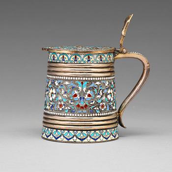 185. A Russian early 20th parcel-gilt silver and enamel tankard, most certainly, Vasily Agafonov, Moscow 1899-1908.