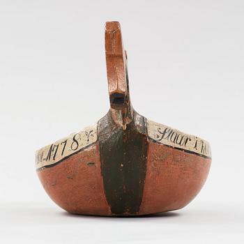 A Norwegian 18th century "Kjenge" painted carved wood ale cup bowl.