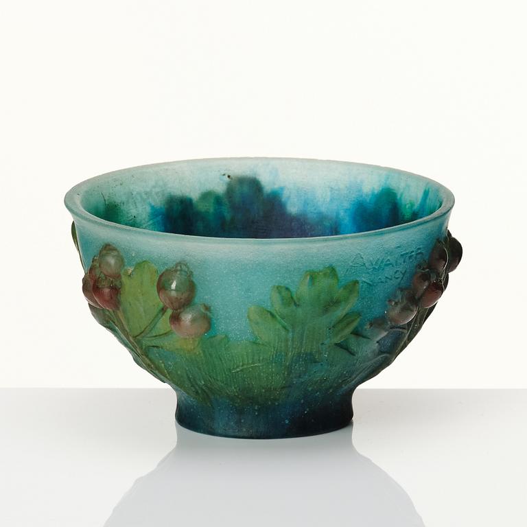 Amalric Walter & Henri Bergé, a pâte de verre bowl decorated with 'Sorbus intermeida' (latin), Nancy France 1920s.