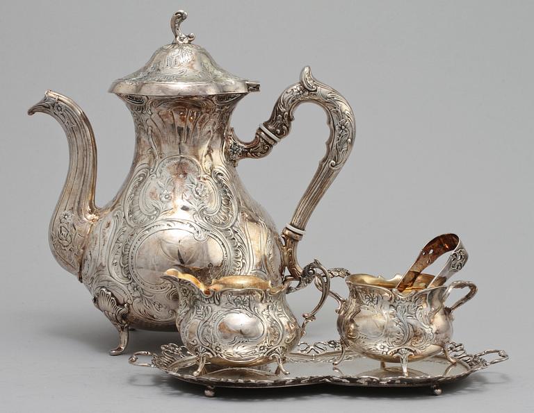 KAFFESERVIS, 5 delar, silver, rokokostil, mestadels GEWE, Malmö, 1970-tal. Vikt 1 430 g.