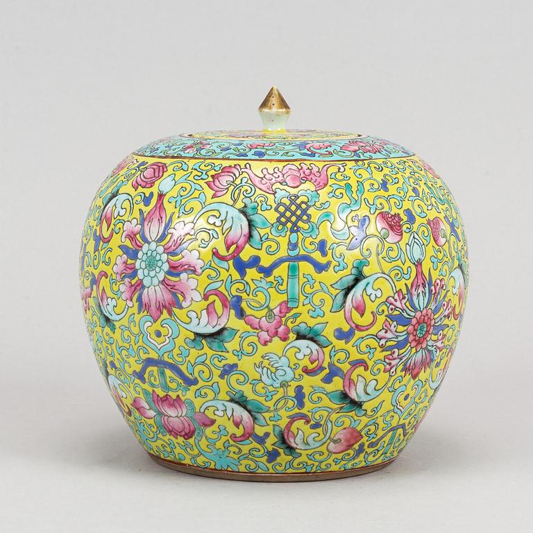 A yellow ground famille rose lotus jar, China, early 20th Century.