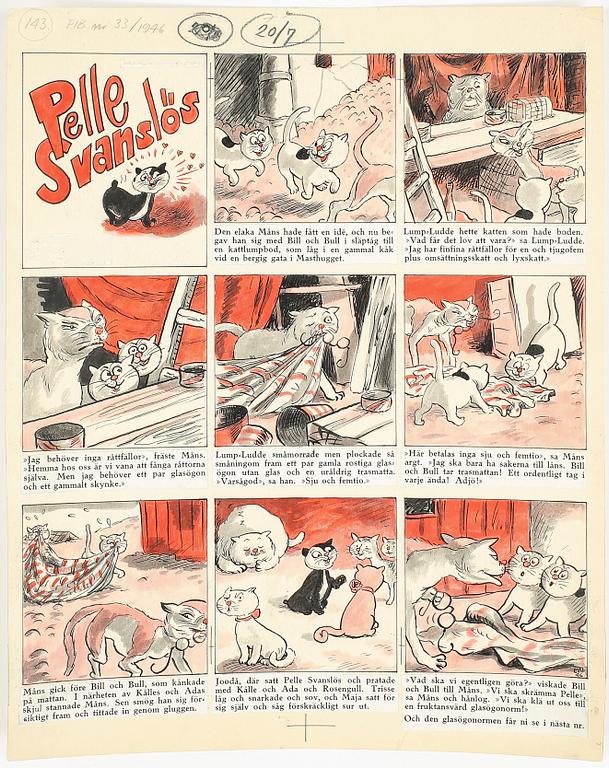 EINAR NORELIUS, 4 tecknade förlagor, tusch och akvarell på papper, för tidning FIB. Monogramsignerade o daterade 46-47.