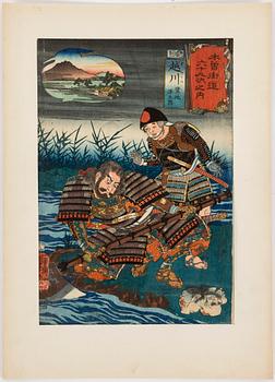 Eight UTAGAWA KUNIYOSHI (1797/98-1861) colour woodblock prints, from 'Sixty-nine stations of Kisokaido Road'.