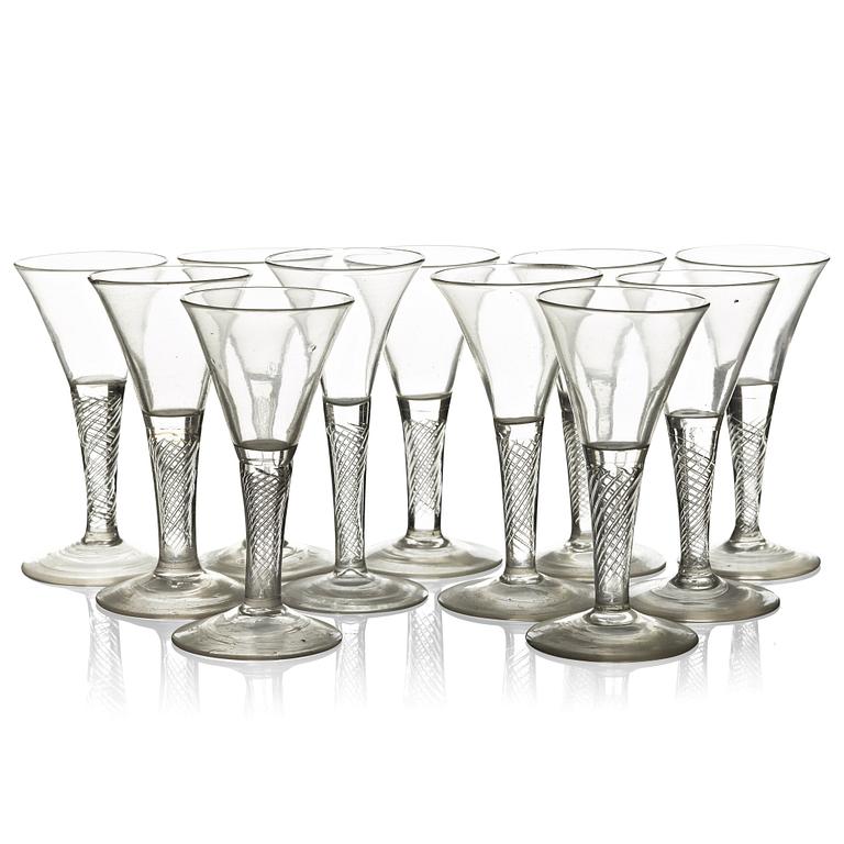 A set of 11 wine glasses, 18th Century, possibly Kungsholms glass works.