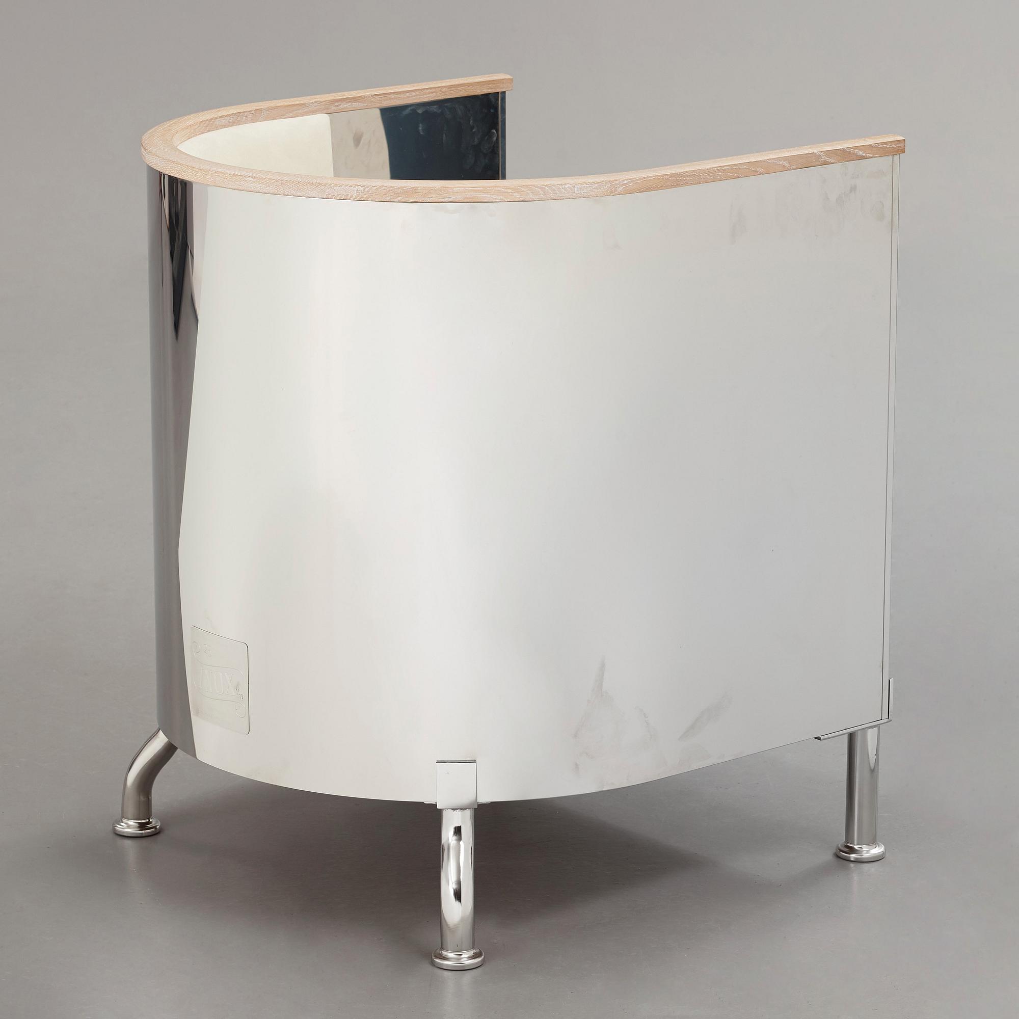 Mats Theselius, an 'Inox' polished steel, white soaped oak and white leather, nubuck armchair, Källemo, Sweden post 2015.