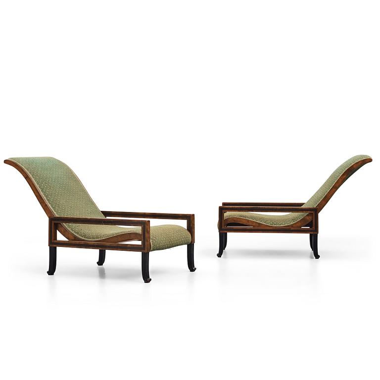 Carl Hörvik, a pair of mahogany-stained birch lounge chairs, Swedish Grace 1920s.