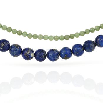HALSBAND, 2 st, silver och gul metall med jadeit och lapis lazuli.