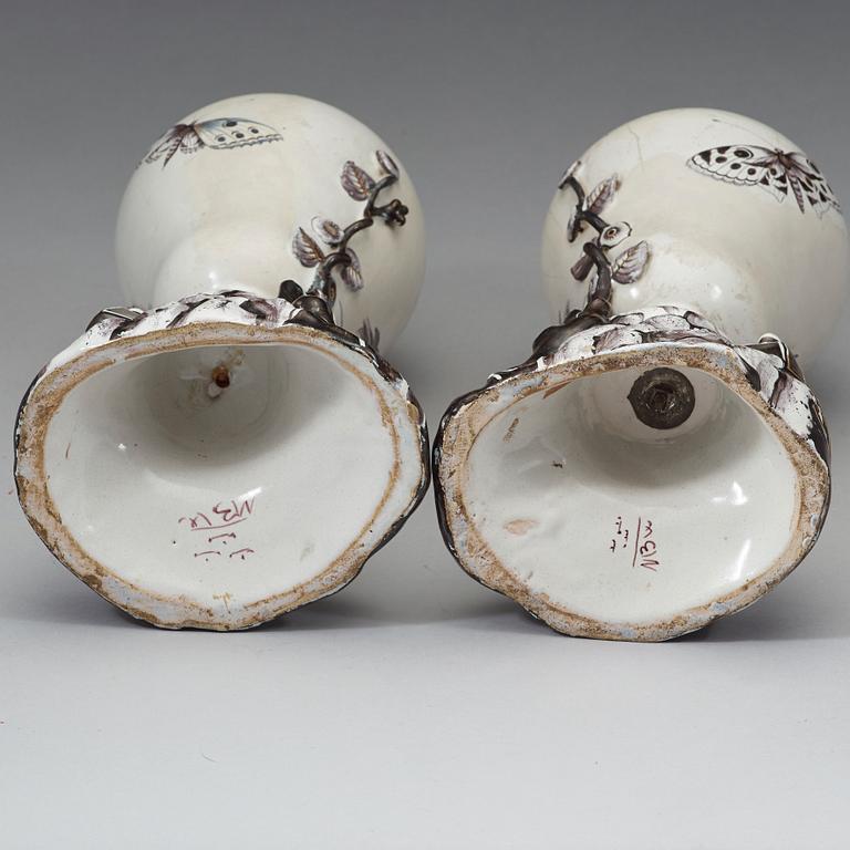 A pair of Swedish faience vases with covers, Marieberg, 18th Century.