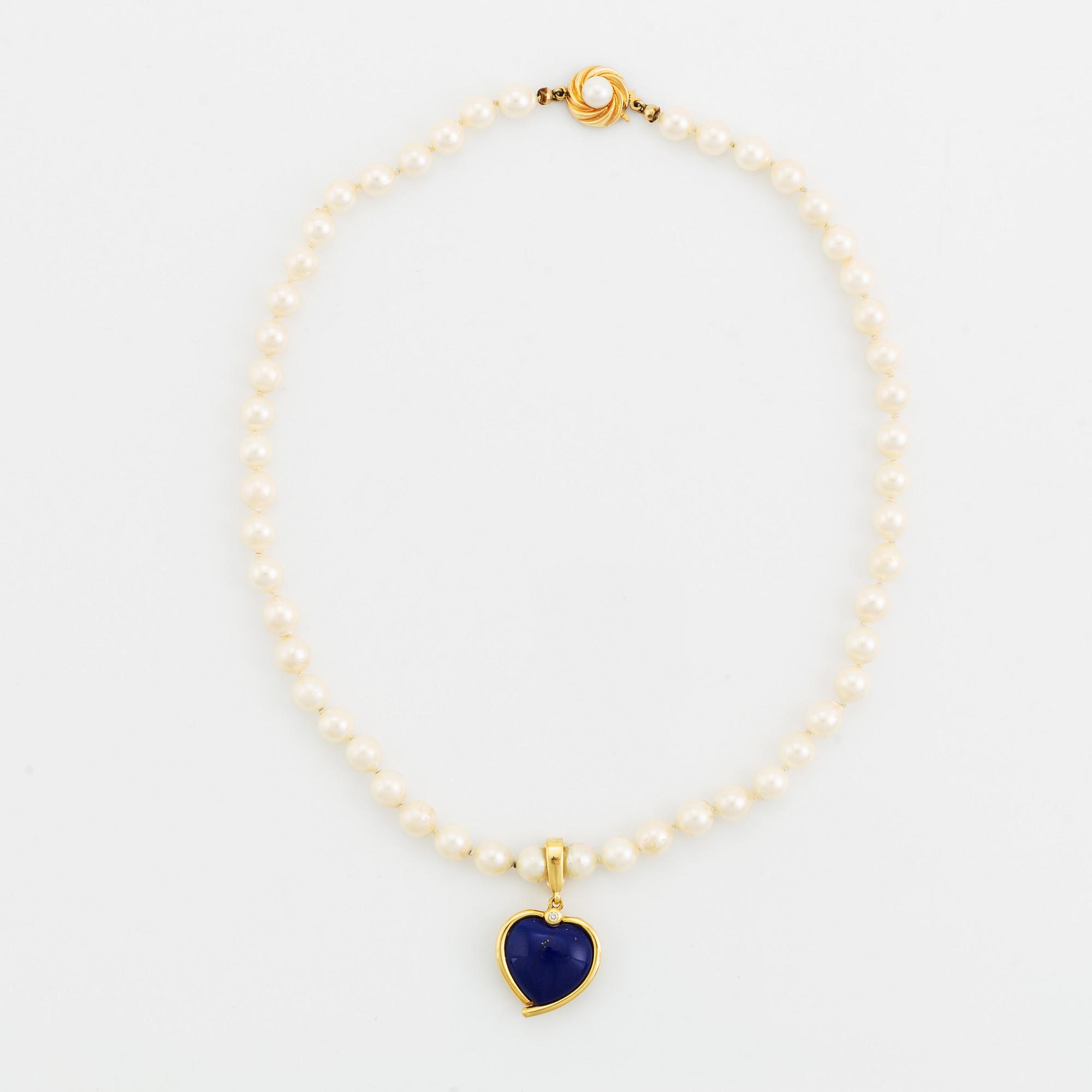 Cultured pearl necklace, with heart shaped charm.