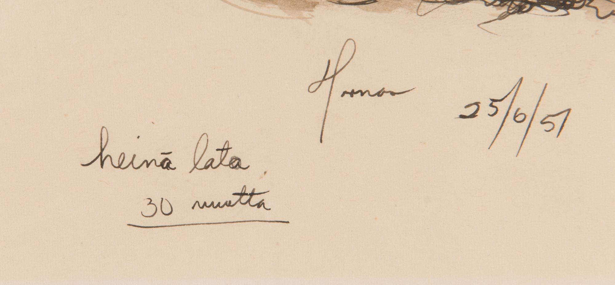 LEANDER FORNAS, laveeraus, signeerattu ja päivätty 25/6 -51.