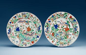 A pair of famille verte chargers, Qing dynasty, with Kangxis six character mark and period (1662-1722).