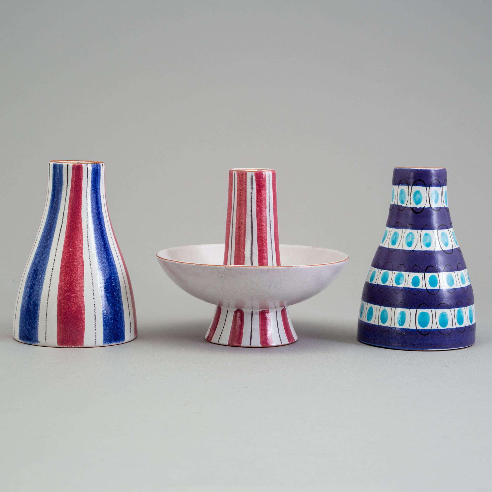 STIG LINDBERG, ljusstakar, 3 st, keramik, fajans 1940-tal, bl a fajansmålare Karin Gustavsson.