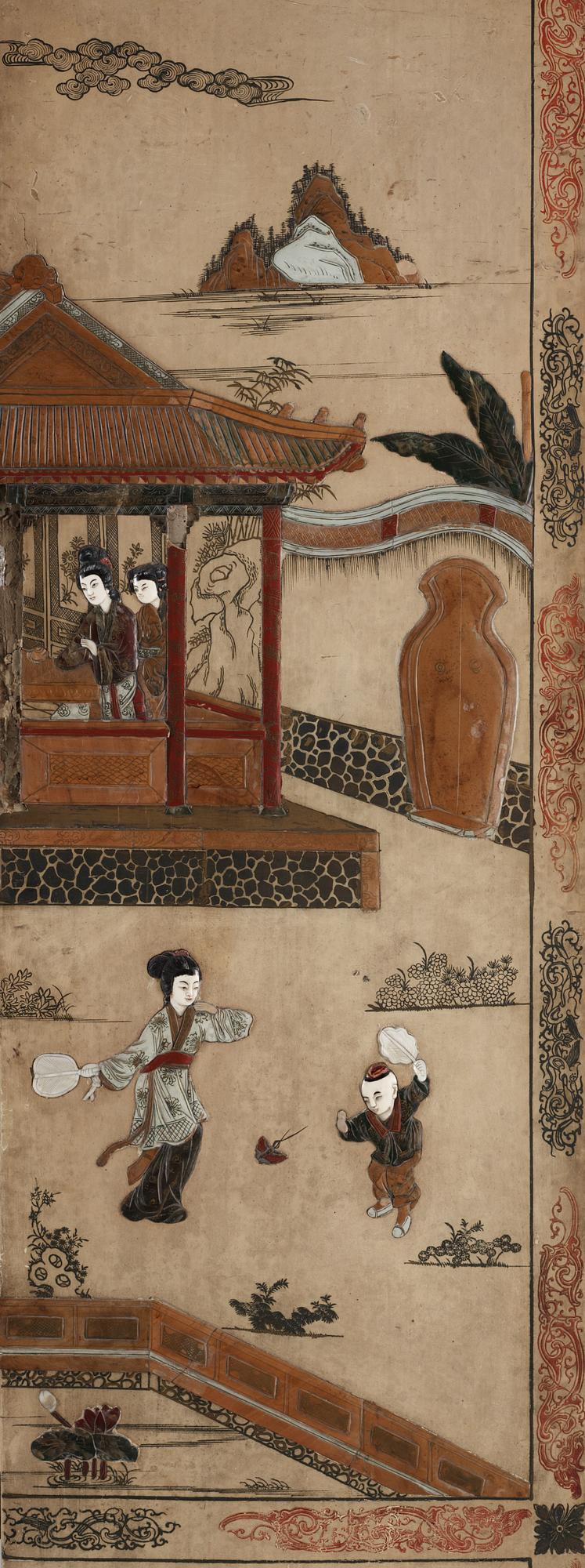 A painted and inlayed four-foulded screen, Qing dynasty (1644-1911).
