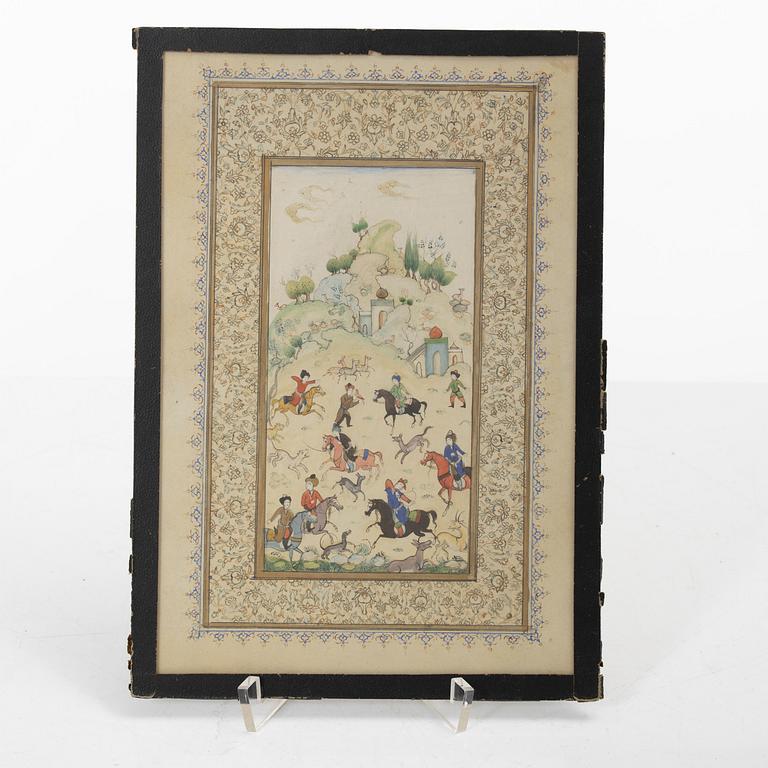 Manuskriptsidor/målningar, tre stycken, Persien/Iran, sen Qajardynasti / 1900-talets första del.