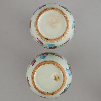A pair of famille rose vases, and a tea pot, Qing dynasty, 19th Century and circa 1900.
