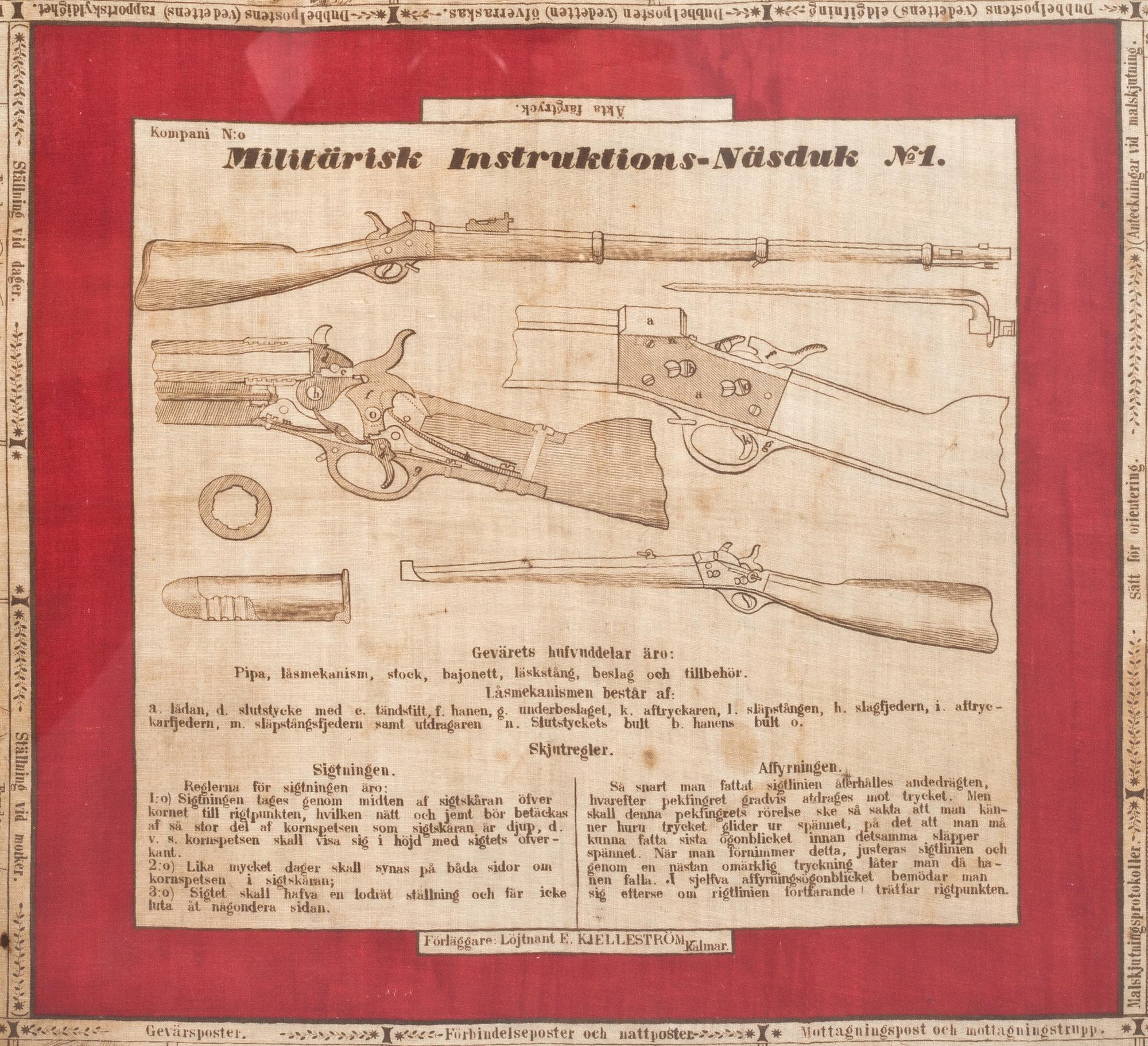 TEXTIL MED TRYCK, "Militärisk instruktions-Näsduk No 1," Kalmar, omkring år 1900.