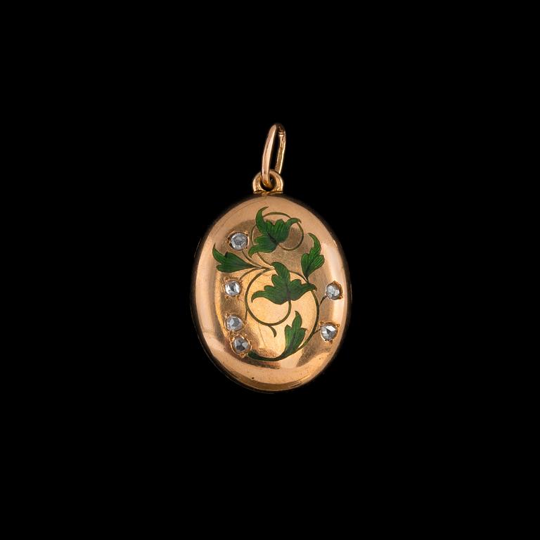 MEDALJONKI, 56 kultaa, ruusuhiontaisia timantteja n. 0.10 ct, emalia. Pietari 18/1900 l. Paino 7,8 g.