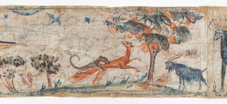 Bonadsmålning, Sverige, troligen Småland omkring 1800, Jaktscener med djur.