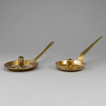 Two 18th century brass night lights.