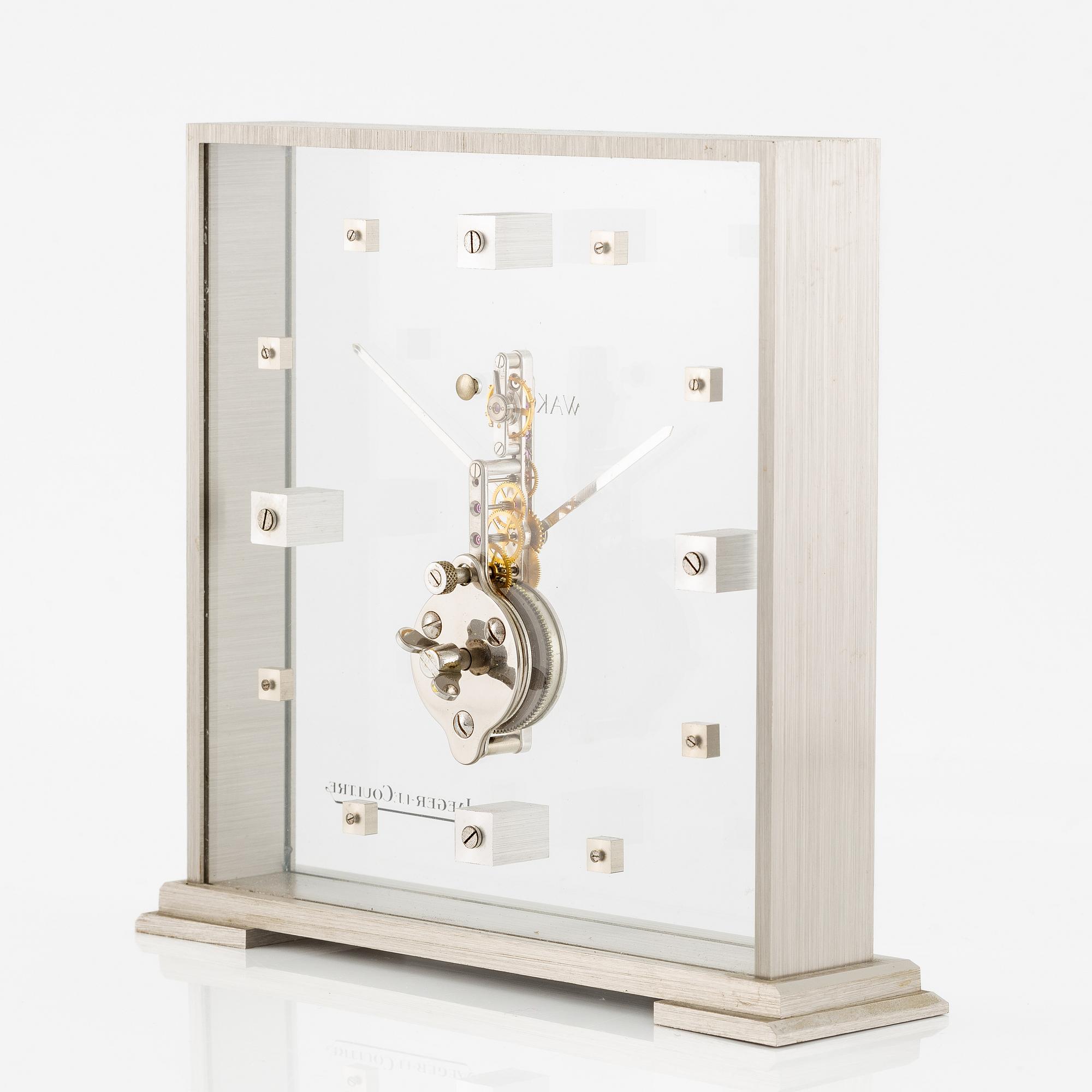 Jaeger-LeCoultre, "Double Signed Wako", table clock, 15 x 15.5 x 3 (4.5) cm.