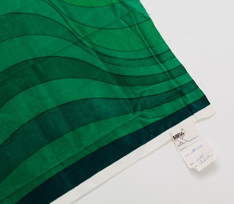 Verner Panton, CURTAINS, 3 PIECES, AND SAMPLERS, 10 PIECES.  Cotton velor. A variety of green nuances and patterns. Verner Panton.