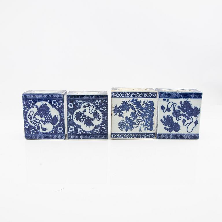 A set of four blue and white pillows, China, 20th century.