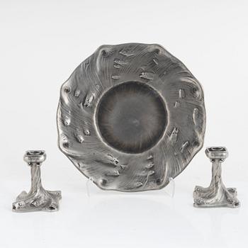 Olof Ahlberg, a pair of pewter candlesticks and a dish, Stockholm, including 1960.