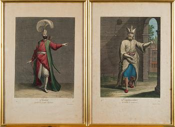 EIGHTEEN ENGRAVINGS, from Le Recueil Ferriol, ca 1714, hand coloured.