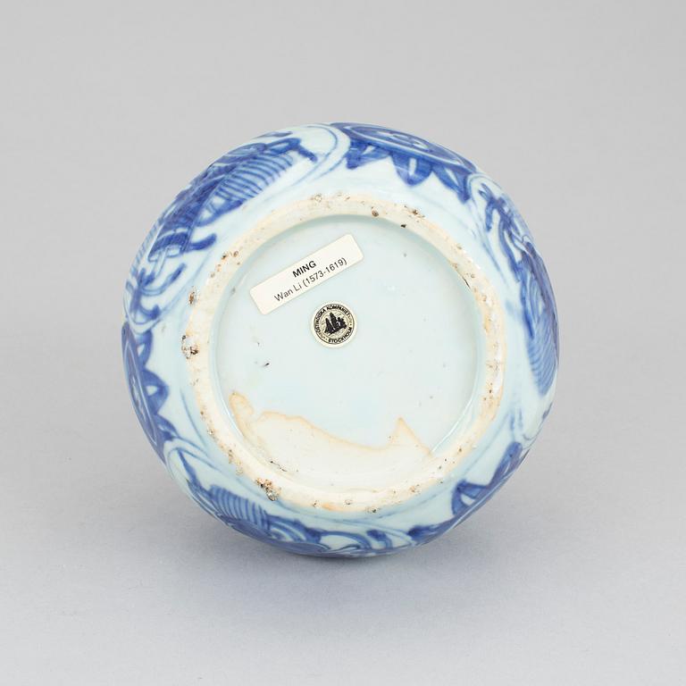 A blue and white kendi, Ming dynasty, 17th Century.