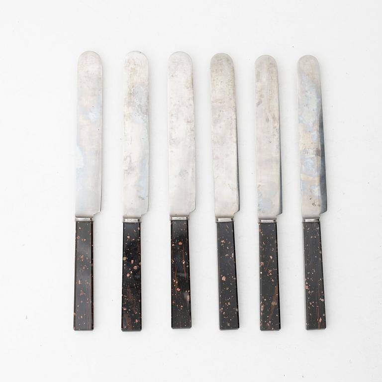 Six 19th century table knives with porphyry handles, Sweden.