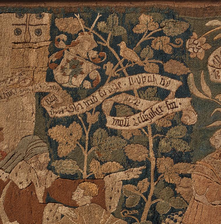 An embroidered framed fragment of a Swiss table carpet, first half of the 16th century.