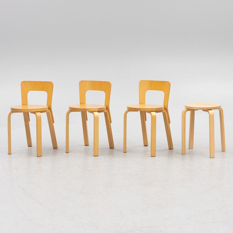 Alvar Aalto, A set of 3 model N65 chairs, and a model 60 stool, Artek, Finland, second half of the 20th century.