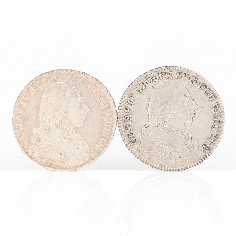 SILVERMYNT, 2 st, 1/6 Riksdaler, Gustav IV Adolf, Sverige 1807 resp 1808. Vikt tot ca 12 gram.