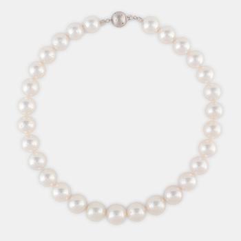 A cultured South Sea pearl necklace with clasp in 18K white gold set with round brilliant-cut diamonds.