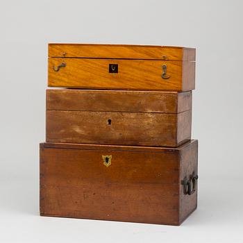 A set of three wodden boxes for microscopes, around 1900.