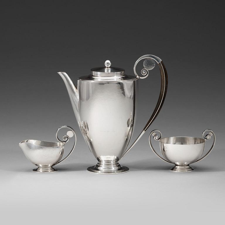 Johan Rohde, a three pcs sterling coffee service, Georg Jensen, Copenhagen 1933-44, design nr 321.