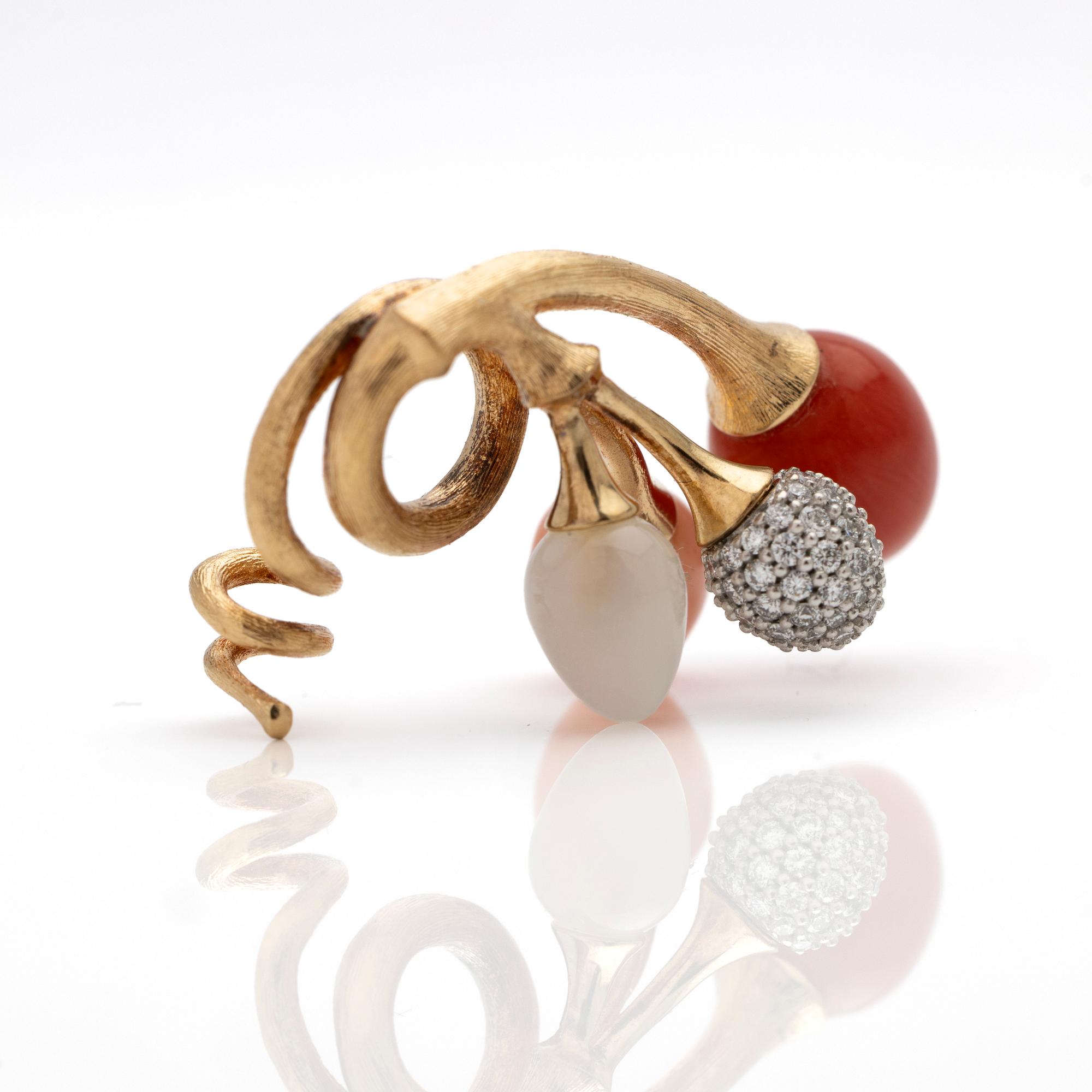 Ole Lynggaard, Pendant, 18K rose gold with red and pink coral, white moonstone and brilliant-cut diamonds, designed by Charlotte Lynggaard.