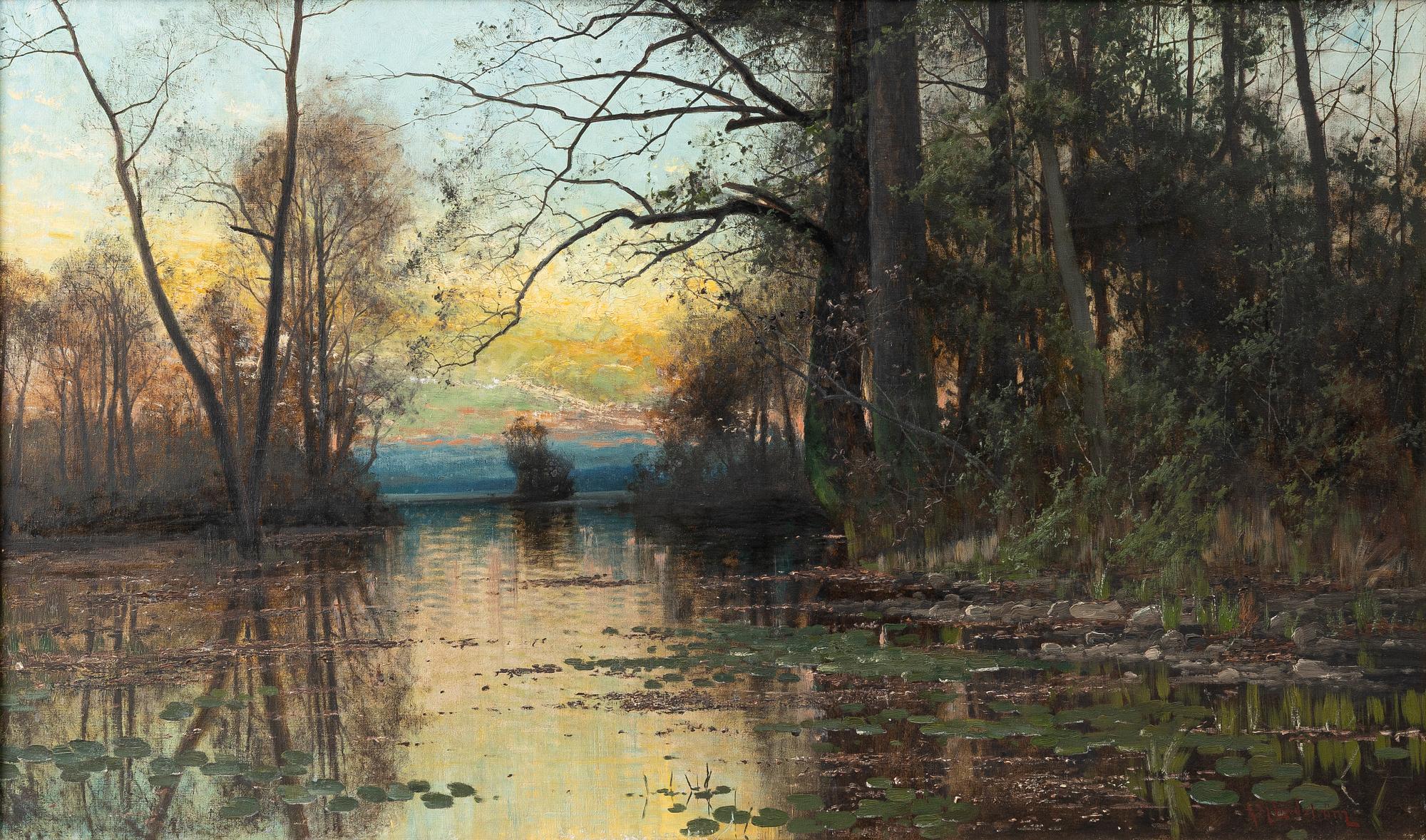 Arvid Mauritz Lindström, Twilight over the bay with water lilies.