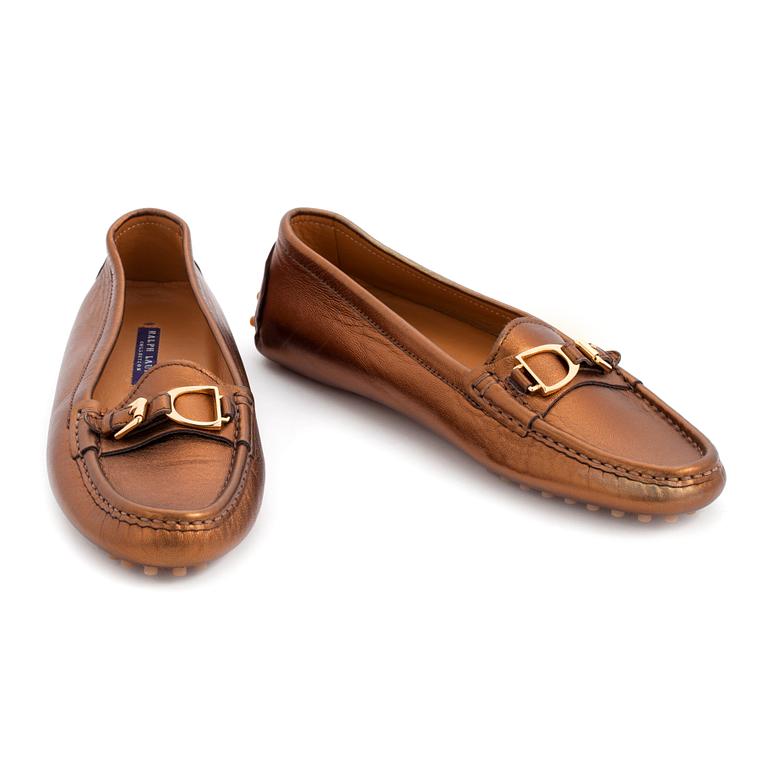 RALPH LAUREN, a pair of bronz colored leather loafers. Size US 8B.
