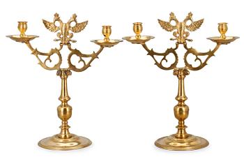 A PAIR OF TWO-LIGHT CANDELABRA.