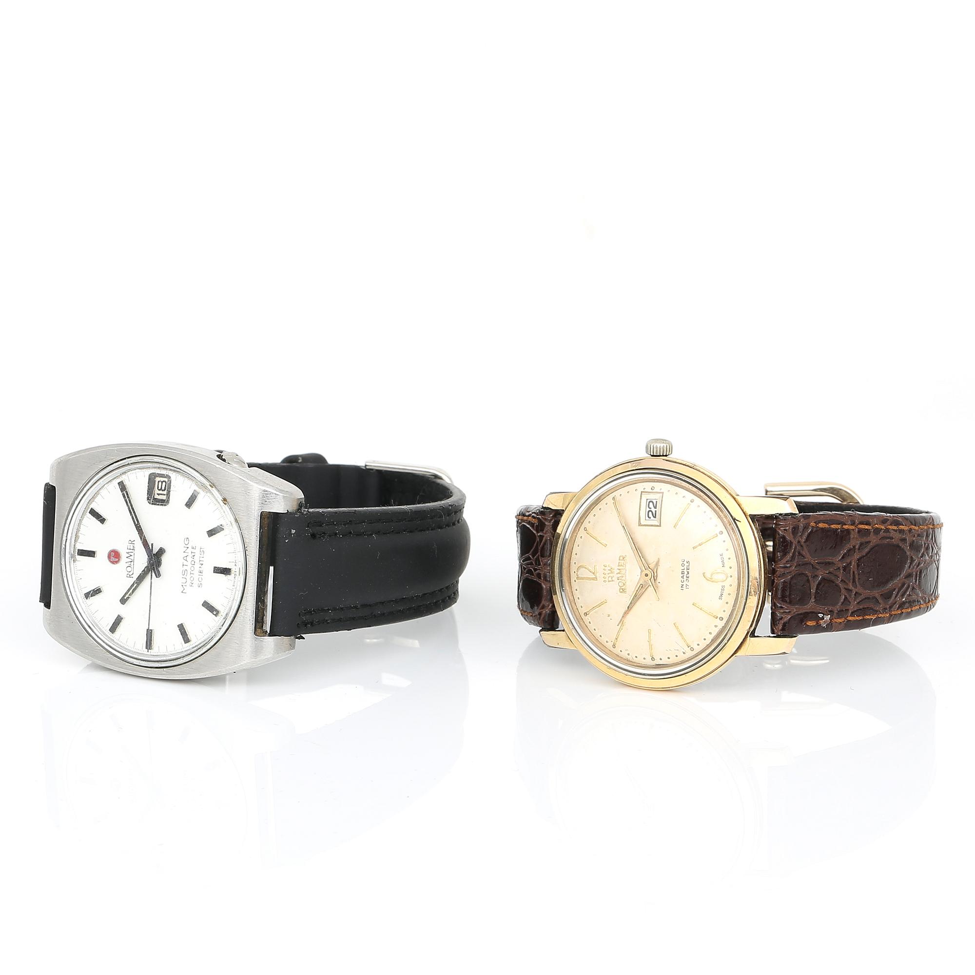 ARMBANDSUR, 2 st, stål och gulddubble, Roamer, 1900-talets andra hälft.