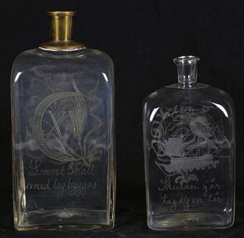 BRÄNNVINSFLASKOR, 2 st, glas, 1800-tal.