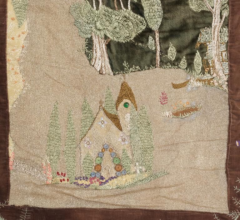 EMBROIDERED PANEL. "Sagan om Livets Slott"("Livets Saga"). 183,5 x 179 cm. Signed AC 1930.